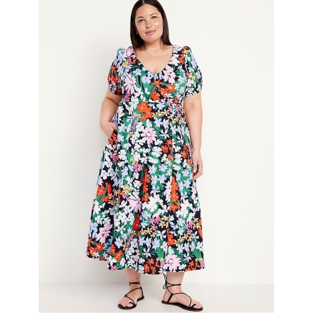 Old Navy 4X Floral‎ Midi Dress Cottagecore Smocked Back Pockets Cotton